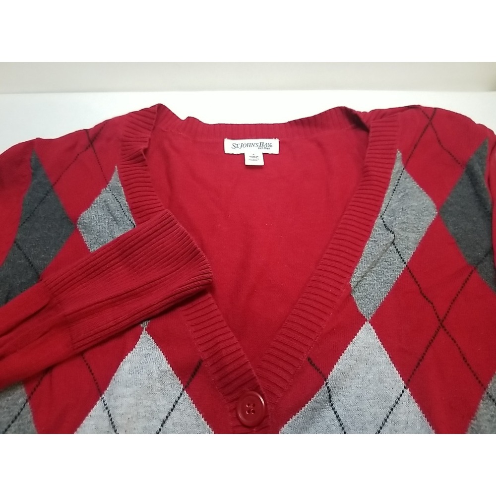 St Johns Bay Womens Small Red Argyle V Neck Button Up Cardigan Sweater